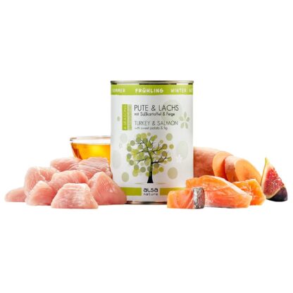 alsa-nature 4-SEASONS Voorjaarsmenu Kalkoen & Zalm met zoete aardappel en vijg, 400 g, Aantal: 6 x 400 g
